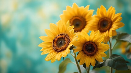 Fototapeta premium Close-up of four vibrant sunflowers blooming in a field.
