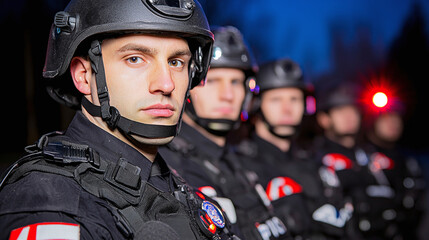  riot police officers lined up in formation at night