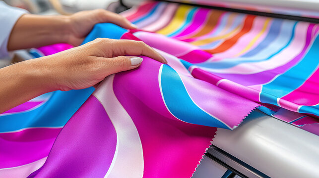 a textile designer examining colorful fabric samples fresh from a sublimation printer