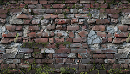 Close-up view of a weathered brick wall with patches of moss, showcasing aged textures and earthy tones.