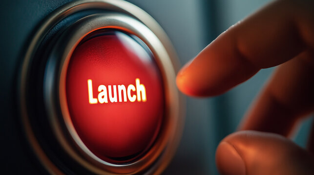 A red nuclear launch button is being pressed in a control room. A finger is poised above a red button labeled launch, signaling an imminent action, closeup view.