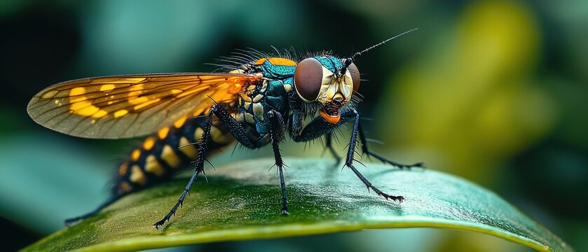 Close-Up of a Colorful Snake Fly Perched on a Green Leaf in Nature, Macro Photography Delight