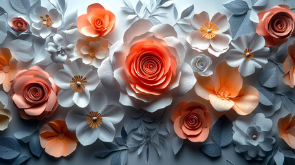 Fototapeta premium A beautiful arrangement of paper flowers in pastel colors surrounding an empty white frame, evoking a sense of freshness and renewal perfect for Valentine's Day, wedding, or love-related events.