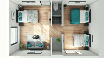 Top-Down View of a Modern Apartment with Three Bedrooms