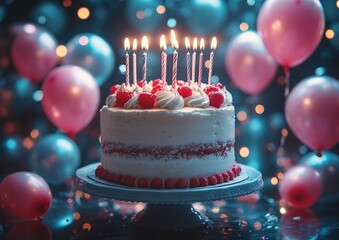 Colorful Balloons and Festive Cake with Cheerful Decorations for Celebration and Party Events