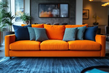 Cozy living room featuring a vibrant orange sofa as the centerpiece of modern interior design