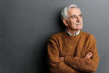 Sad senior man isolated on gray background. Studio portrait. Dementia and Alzheimer's disease concept. Memory loss awareness. Banner with copy space