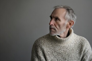 Sad senior man isolated on gray background. Studio portrait. Dementia and Alzheimer's disease concept. Memory loss awareness. Banner with copy space