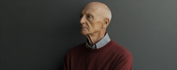 Sad senior man isolated on gray background. Studio portrait. Dementia and Alzheimer's disease concept. Memory loss awareness. Banner with copy space