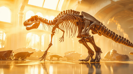 An epic dinosaur skeleton displayed in a museum-style setting, bathed in warm, ambient lighting from above, highlighting the intricate vertebrae and