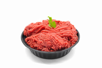 Fresh Raw Minced Beef in Black Bowl Isolated on White Background