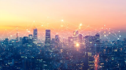 Fototapeta premium Modern cityscape network icons double exposure. 