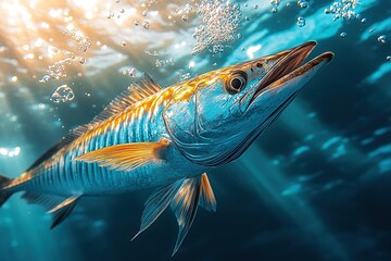 Fototapeta premium Stunning striped marlin gliding through clear blue waters, showcasing vibrant colors and elegance