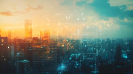 Fototapeta premium Modern cityscape network icons double exposure. 