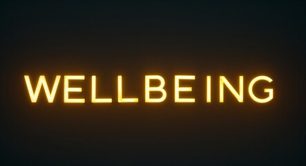 Obraz premium wellbeing word lettering with yellow glow on plain black dark background