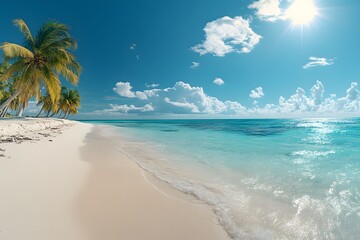 Fototapeta premium A clean white sandy beach stretches under a vast blue sky, with clear turquoise waters sparkling in the warm sunlight. Soft, foamy waves gently lap the shore perfect for eco-tourism posters or media.