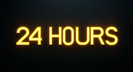 Obraz premium 24 hours word lettering with yellow glow on plain black dark background