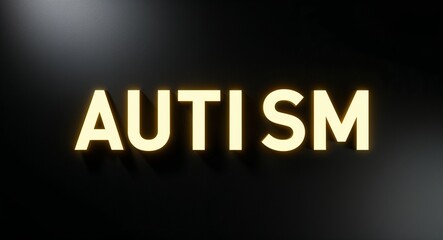 Fototapeta premium autism word lettering with yellow glow on plain black dark background