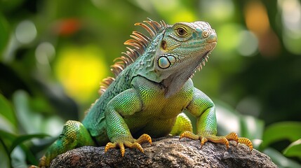 Fototapeta premium Vibrant Green Iguana Relaxing on a Sunlit Rock Surrounded by Lush Tropical Vegetation in Nature