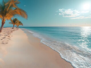 A clean white sandy beach stretches under a vast blue sky, with clear turquoise waters sparkling in the warm sunlight. Soft, foamy waves gently lap the shore perfect for eco-tourism posters or media.