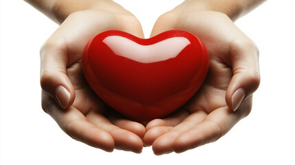 Obraz premium Healthcare concept image: a white background featuring two hands gently cradling a red heart