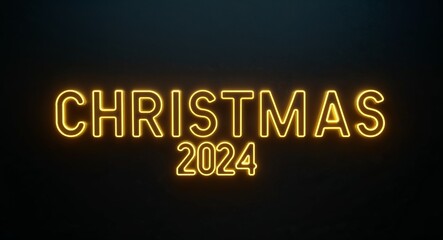 Obraz premium christmas 2024 word lettering with yellow glow on plain black dark background