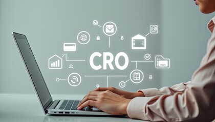 CRO, conversion rate optimization technology concept. A person works on a laptop with CRO related technology icons, symbolizing conversion rate optimization and digital marketing. business strategy,