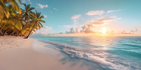 A clean white sandy beach stretches under a vast blue sky, with clear turquoise waters sparkling in the warm sunlight. Soft, foamy waves gently lap the shore perfect for eco-tourism posters or media.
