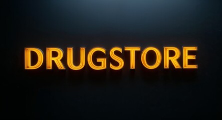 Obraz premium Drugstore word lettering with yellow glow on plain black dark background