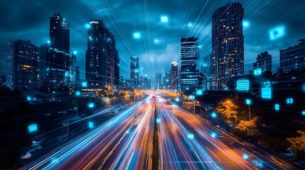 Fototapeta premium Modern cityscape network icons double exposure. 