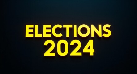 Fototapeta premium elections 2024 word lettering with yellow glow on plain black dark background
