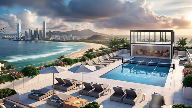Luxury hotel rooftop swimming pool. Aerial view of the beach. Seamless 4K looping timelapse video animation background