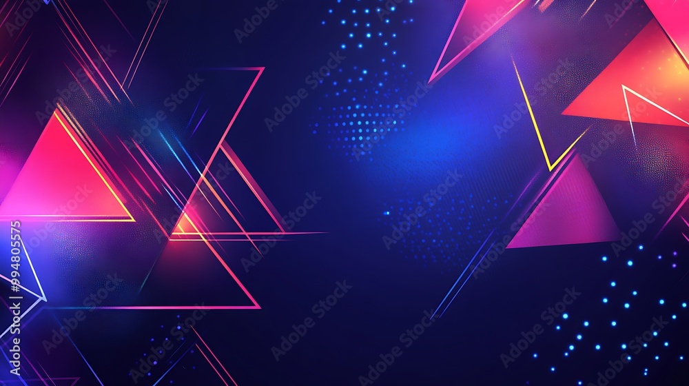 Aufkleber abstract background with glowing neon triangles and lines on a dark blue background.