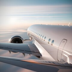 Aerial view of a sleek private jet soaring through a calm sky, emphasizing the curvature of the aircraft's wings