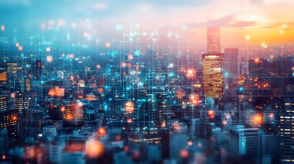 Modern cityscape network icons double exposure. 