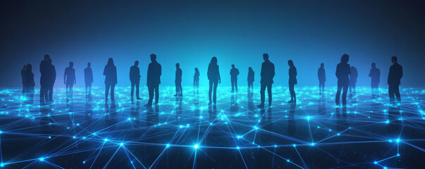 Digital network of silhouetted figures standing on glowing grid, representing connectivity and technology. scene evokes sense of collaboration and innovation in modern world
