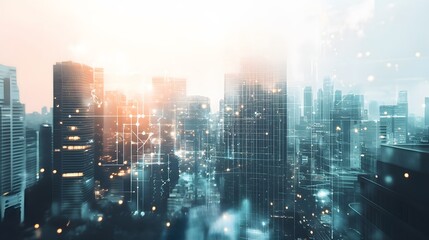 Fototapeta premium Modern cityscape network icons double exposure. 