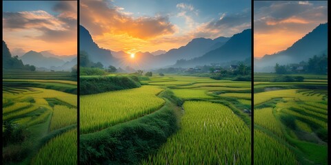 A breathtaking panorama of rolling green rice paddies at sunset, with mountains in the distance.