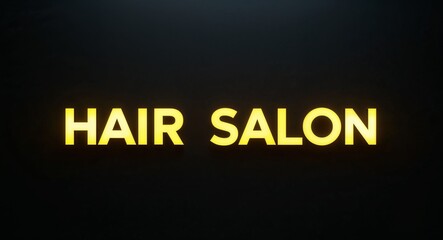 Hair salon word lettering with yellow glow on plain black dark background