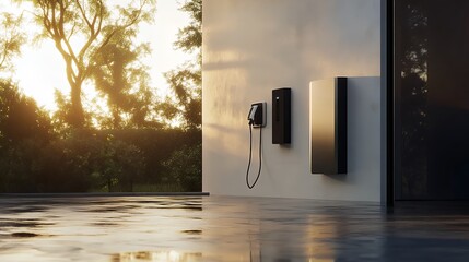 A sleek electric car charging station mounted on a white wall with a beautiful sunset in the background.