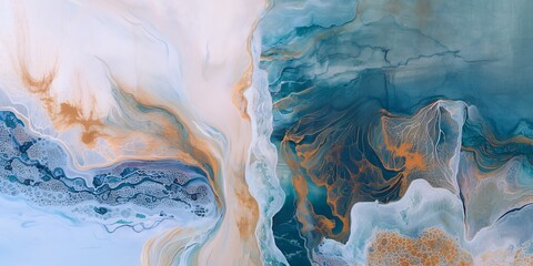 Fototapeta premium Abstract art featuring swirls of blue, white, and gold paint creating a dreamy and ethereal scene.
