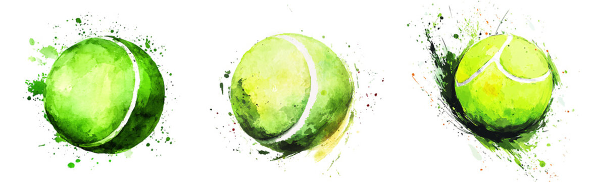 Three vibrant green tennis balls with watercolor splashes against a white background.