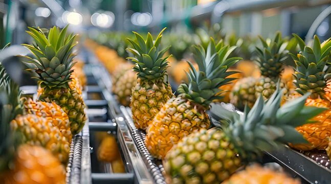 Close-up of pineapples moving on a conveyor belt in a processing plant