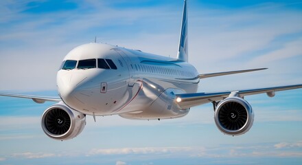 Naklejka premium Aerial view of a sleek private jet soaring through a calm sky, emphasizing the curvature of the aircraft's wings