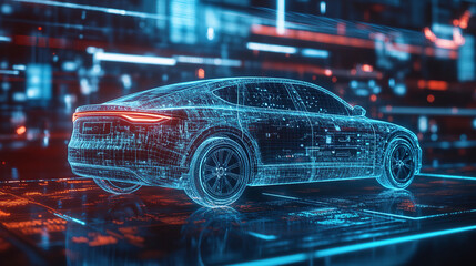 A hologram of an electric car with data and graphs floating around it, surrounded by digital screens displaying various vehicle performance metrics