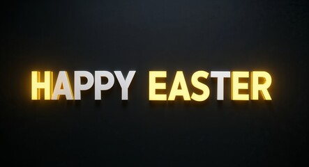 Obraz premium happy easter word lettering with yellow glow on plain black dark background