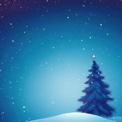 serene winter scene featuring snow covered landscape with beautifully decorated Christmas tree under starry sky. blue gradient background enhances festive atmosphere