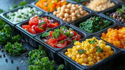 Healthy meal prep containers with chickpeas, chicken, tomatoes, cucumbers and avocados. Healthy lunch in glass containers on beige rustic background. Zero waste concept. Selective focus.