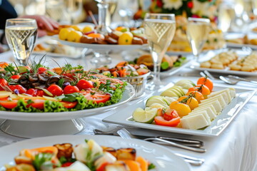 Catering food on long table, Party