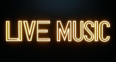 live music word lettering with yellow glow on plain black dark background